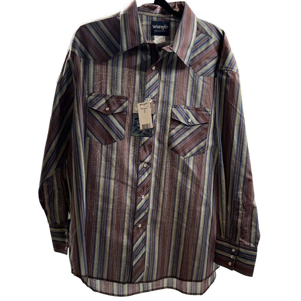 VINTAGE Wrangler Shirt Mens 18 35 Striped Pearl Snap NEW long sleeve western